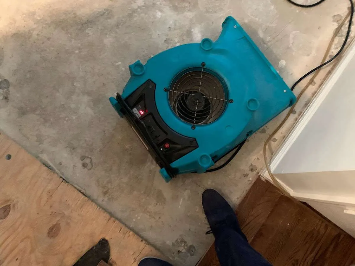 Air mover drying subfloor during Commercial Water Damage Restoration in Wentzville